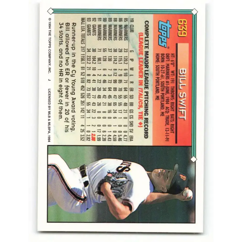 1994 Topps #639 Bill Swift EX Excellent San Francisco Giants Baseball Card - Baseball Card Single