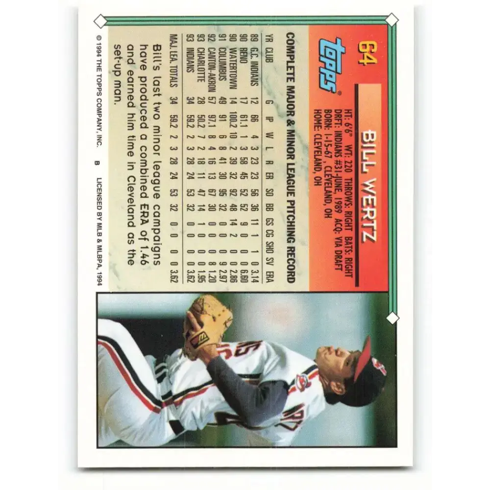 1994 Topps #64 Bill Wertz EX Excellent Cleveland Indians Baseball Card - Baseball Card Single