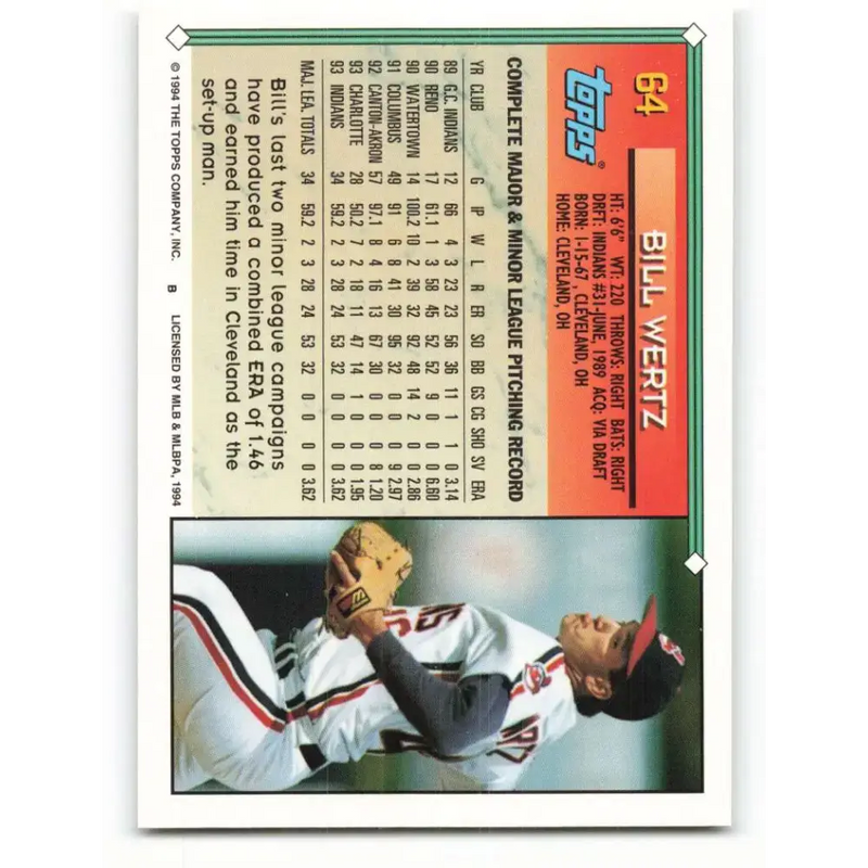 1994 Topps #64 Bill Wertz EX Excellent Cleveland Indians Baseball Card - Baseball Card Single