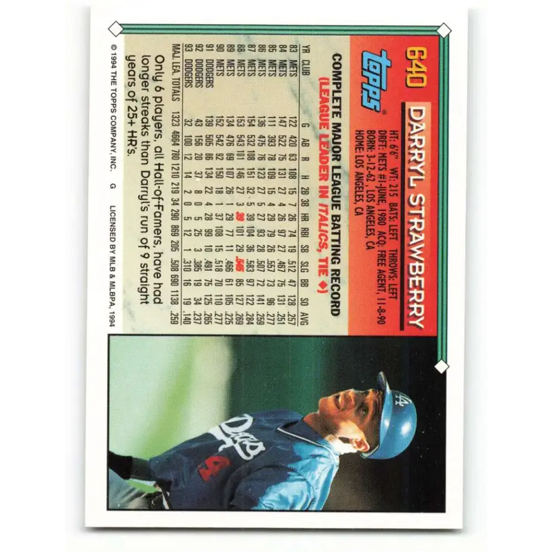 1994 Topps #640 Darryl Strawberry EX Excellent Los Angeles Dodgers Baseball Card - Baseball Card Single
