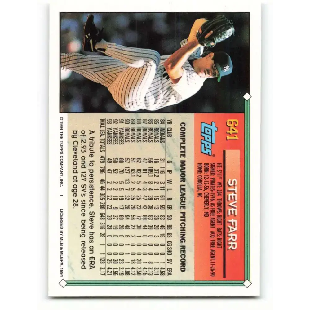 1994 Topps #641 Steve Farr EX Excellent New York Yankees Baseball Card - Baseball Card Single