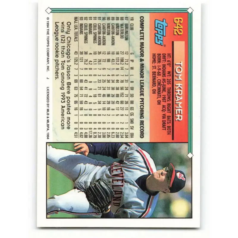 1994 Topps #642 Tom Kramer EX Excellent Cleveland Indians Baseball Card - Baseball Card Single