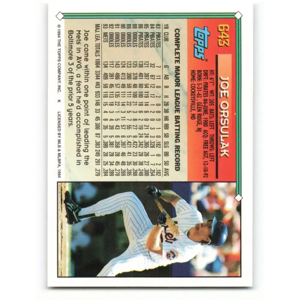 1994 Topps #643 Joe Orsulak EX Excellent New York Mets Baseball Card - Baseball Card Single