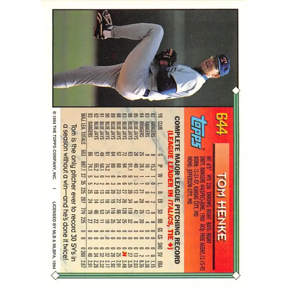 1994 Topps #644 Tom Henke EX Excellent Texas Rangers Baseball Card - Baseball Card Single