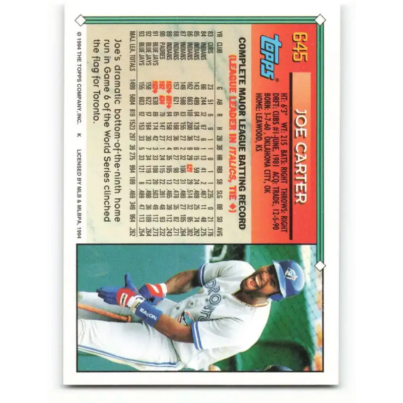 1994 Topps #645 Joe Carter EX Excellent Toronto Blue Jays Baseball Card - Baseball Card Single