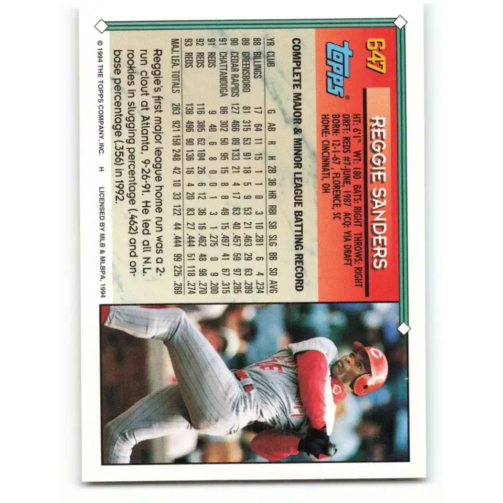 1994 Topps #647 Reggie Sanders EX Excellent Cincinnati Reds Baseball Card - Baseball Card Single