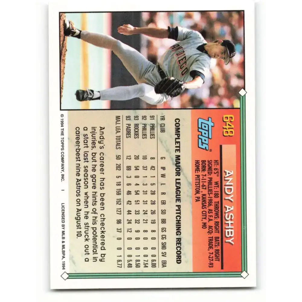 1994 Topps #648 Andy Ashby EX Excellent San Diego Padres Baseball Card - Baseball Card Single