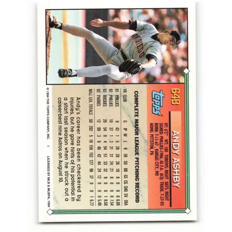 1994 Topps #648 Andy Ashby EX Excellent San Diego Padres Baseball Card - Baseball Card Single