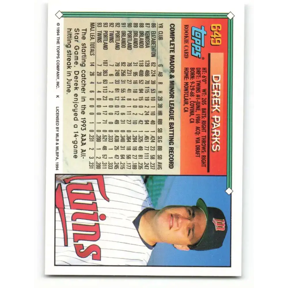 1994 Topps #649 Derek Parks EX Excellent Minnesota Twins Baseball Card - Baseball Card Single