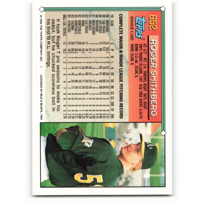 1994 Topps #652 Roger Smithberg EX Excellent Oakland Athletics Baseball Card - Baseball Card Single