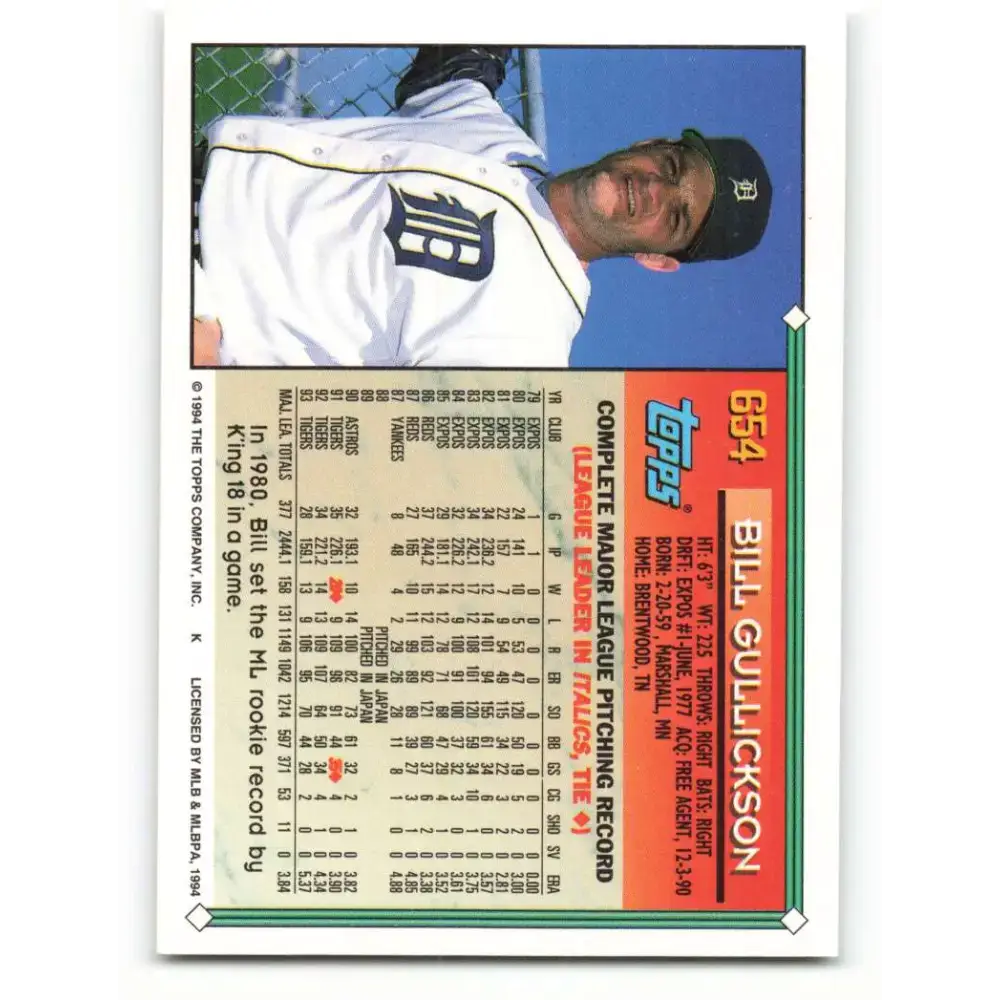 1994 Topps #654 Bill Gullickson EX Excellent Detroit Tigers Baseball Card - Baseball Card Single