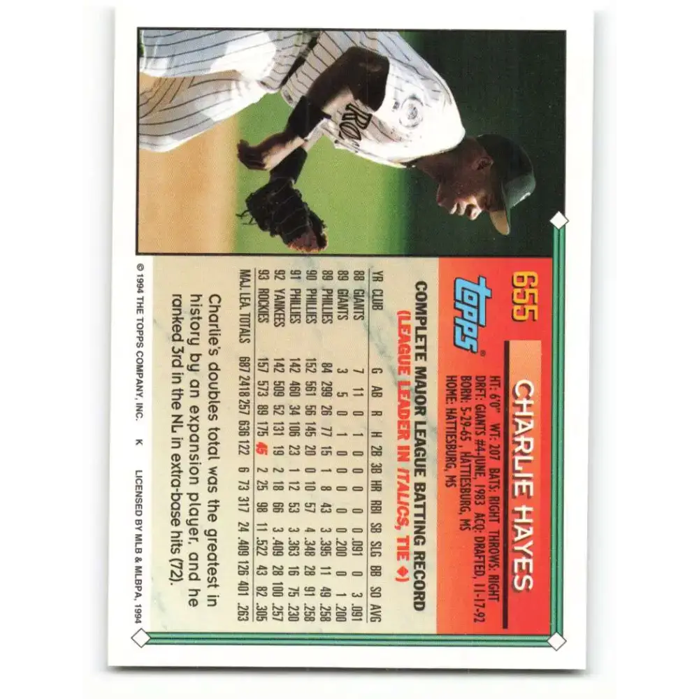 1994 Topps #655 Charlie Hayes EX Excellent Colorado Rockies Baseball Card - Baseball Card Single