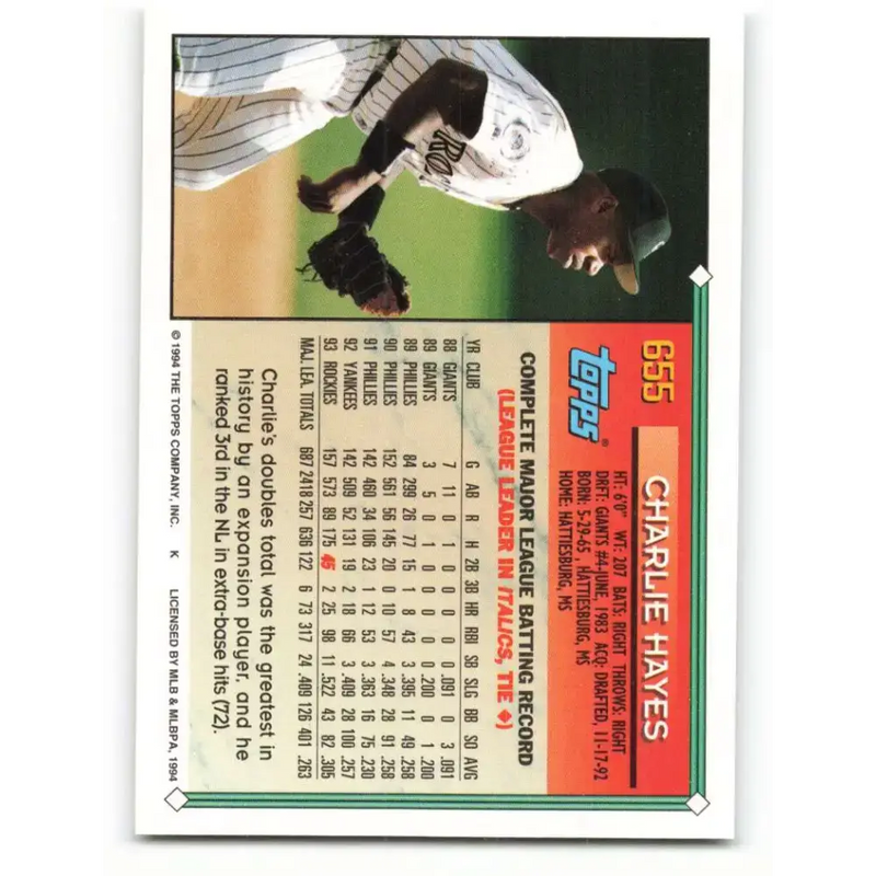 1994 Topps #655 Charlie Hayes EX Excellent Colorado Rockies Baseball Card - Baseball Card Single