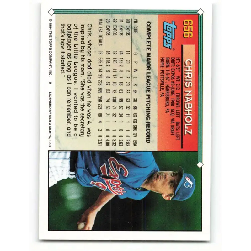 1994 Topps #656 Chris Nabholz EX Excellent Montreal Expos Baseball Card - Baseball Card Single