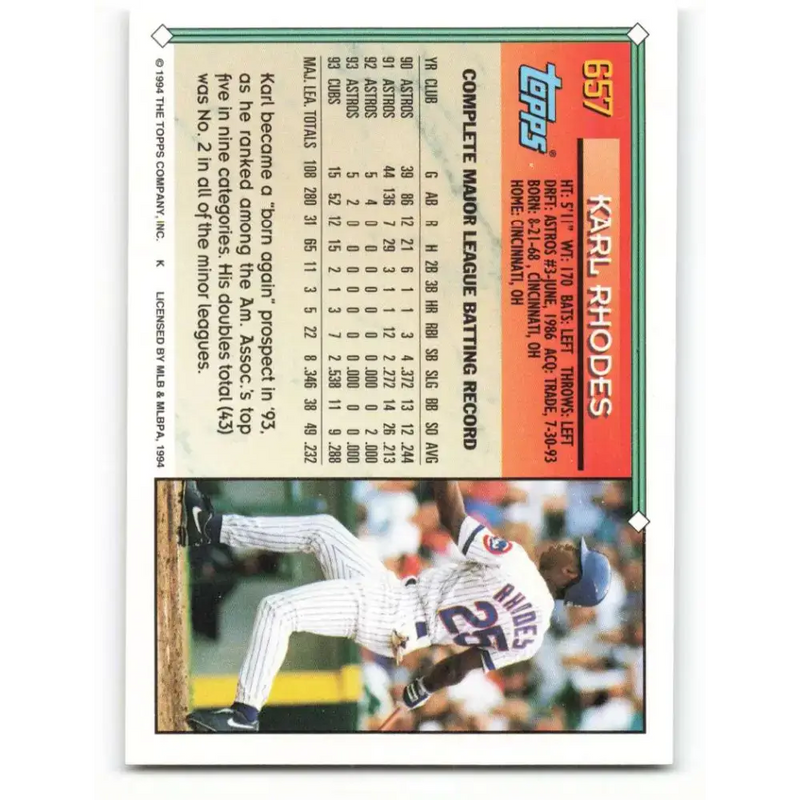 1994 Topps #657 Karl Rhodes EX Excellent Chicago Cubs Baseball Card - Baseball Card Single