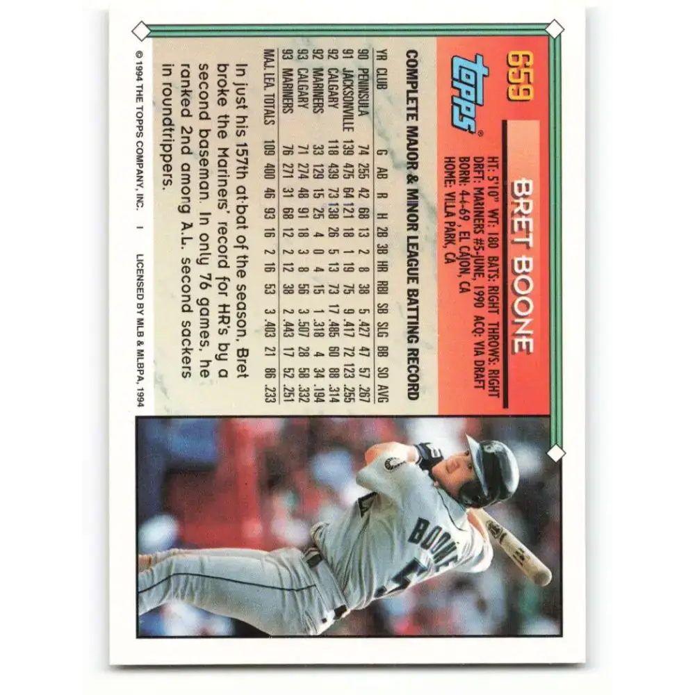 1994 Topps #659 Bret Boone EX Excellent Seattle Mariners Baseball Card - Baseball Card Single