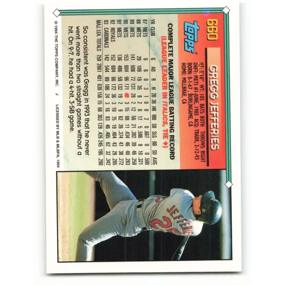 1994 Topps #660 Gregg Jefferies EX Excellent St. Louis Cardinals Baseball Card - Baseball Card Single