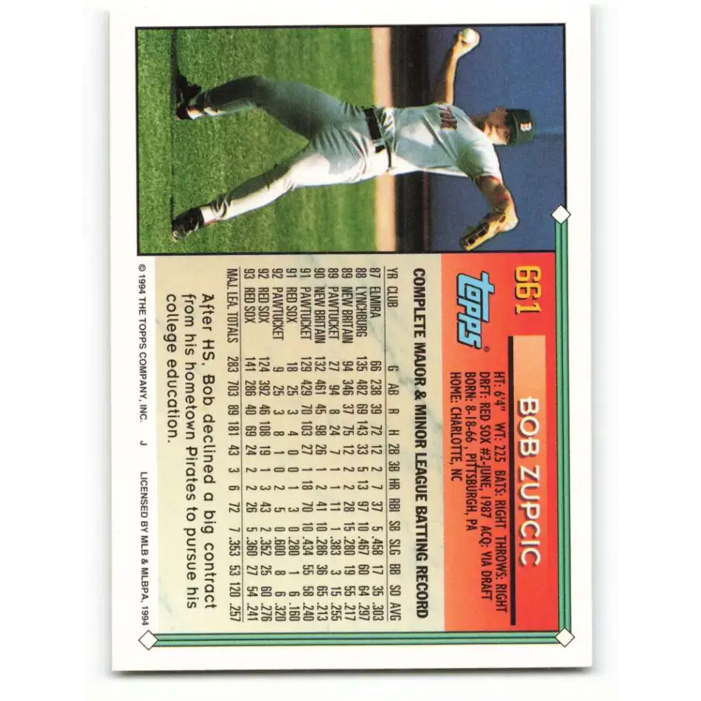 1994 Topps #661 Bob Zupcic EX Excellent Boston Red Sox Baseball Card - Baseball Card Single