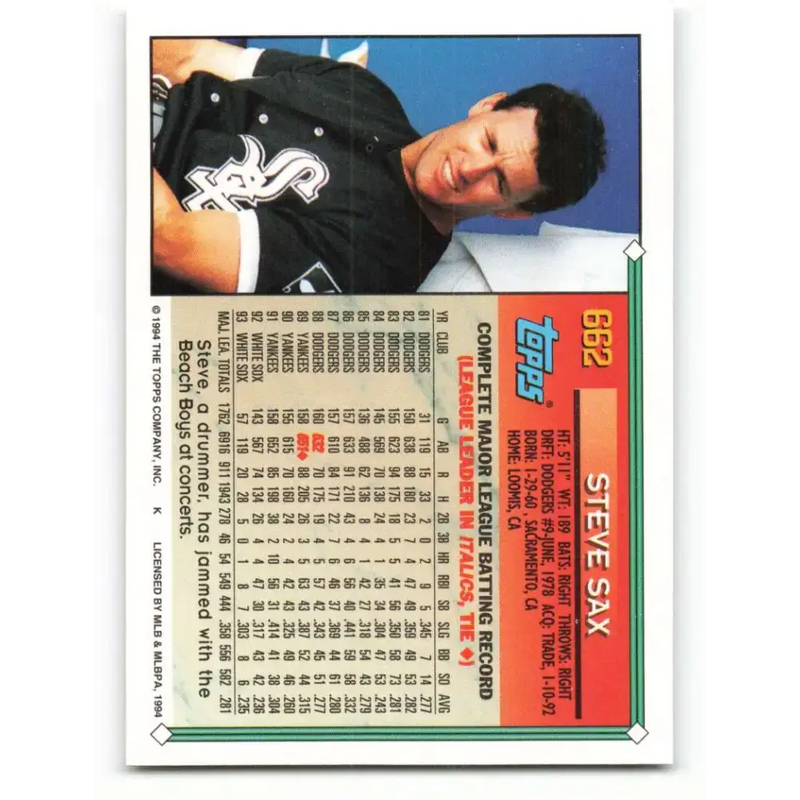 1994 Topps #662 Steve Sax EX Excellent Chicago White Sox Baseball Card - Baseball Card Single