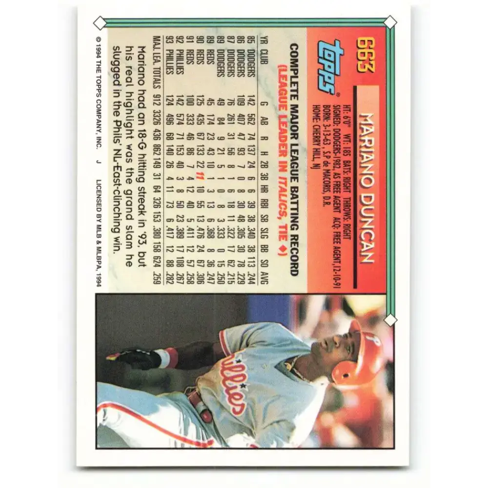 1994 Topps #663 Mariano Duncan EX Excellent Philadelphia Phillies Baseball Card - Baseball Card Single