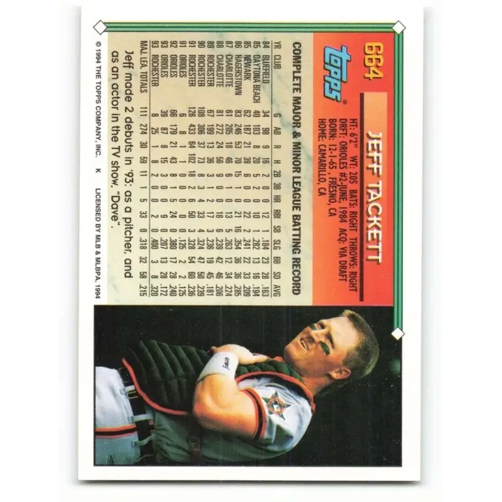1994 Topps #664 Jeff Tackett EX Excellent Baltimore Orioles Baseball Card - Baseball Card Single