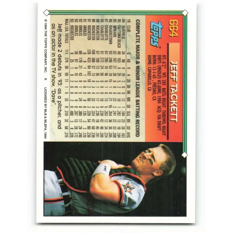 1994 Topps #664 Jeff Tackett EX Excellent Baltimore Orioles Baseball Card - Baseball Card Single
