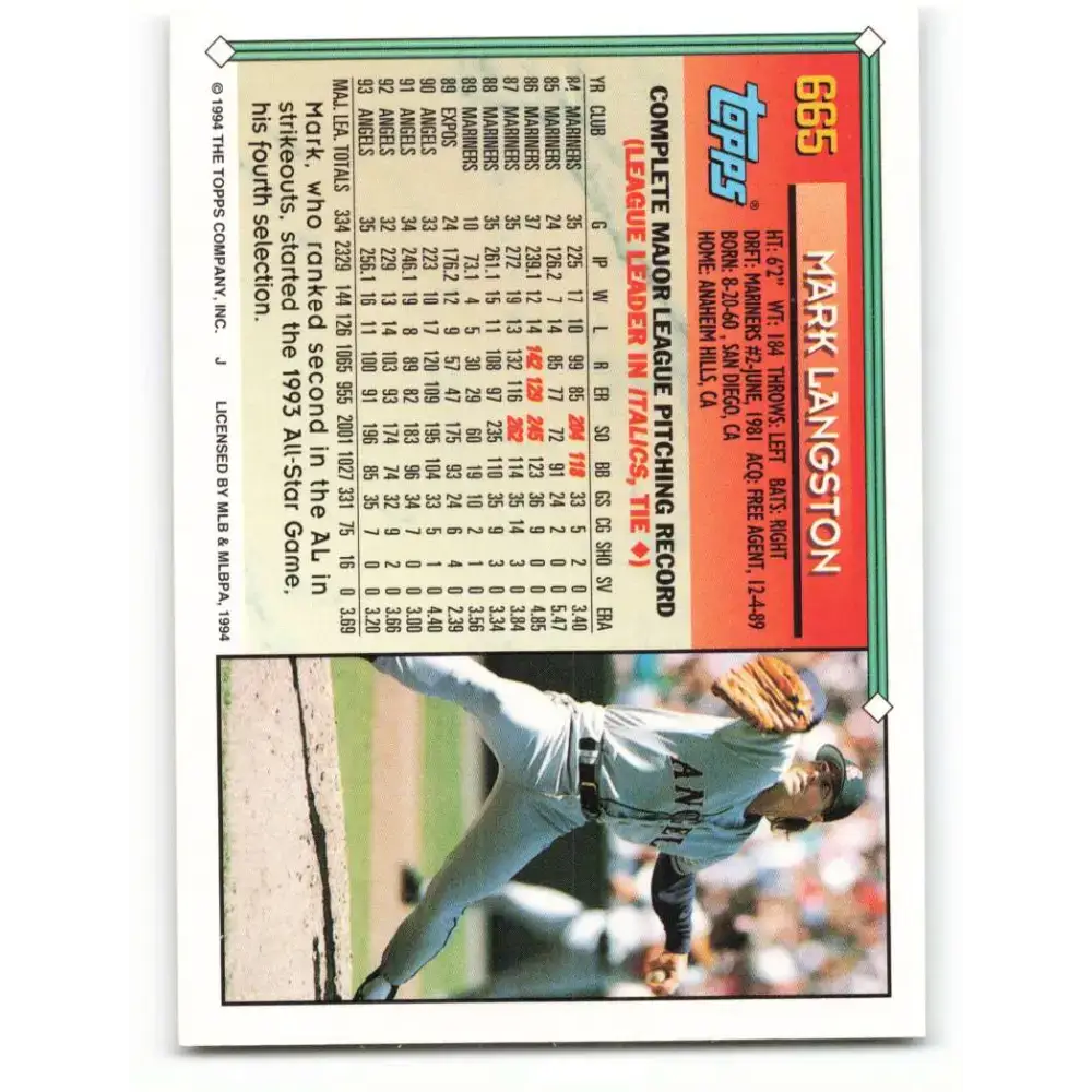 1994 Topps #665 Mark Langston EX Excellent California Angels Baseball Card - Baseball Card Single