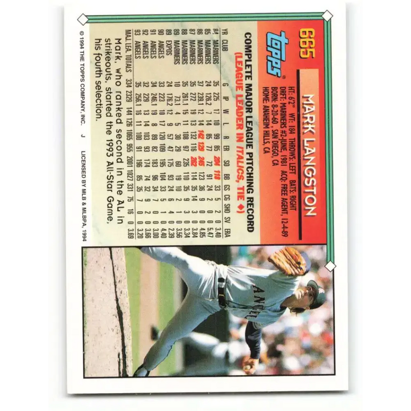 1994 Topps #665 Mark Langston EX Excellent California Angels Baseball Card - Baseball Card Single