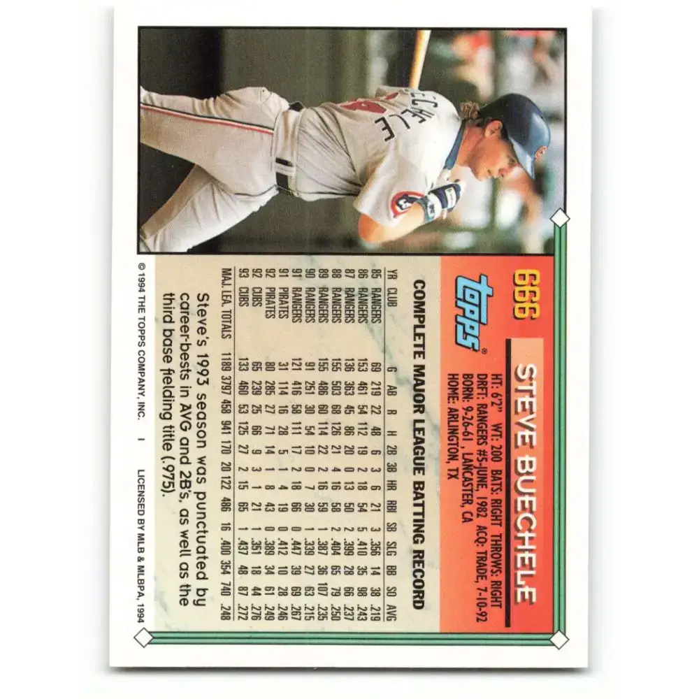 1994 Topps #666 Steve Buechele EX Excellent Chicago Cubs Baseball Card - Baseball Card Single
