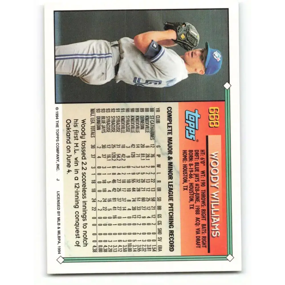 1994 Topps #668 Woody Williams EX Excellent Toronto Blue Jays Baseball Card - Baseball Card Single