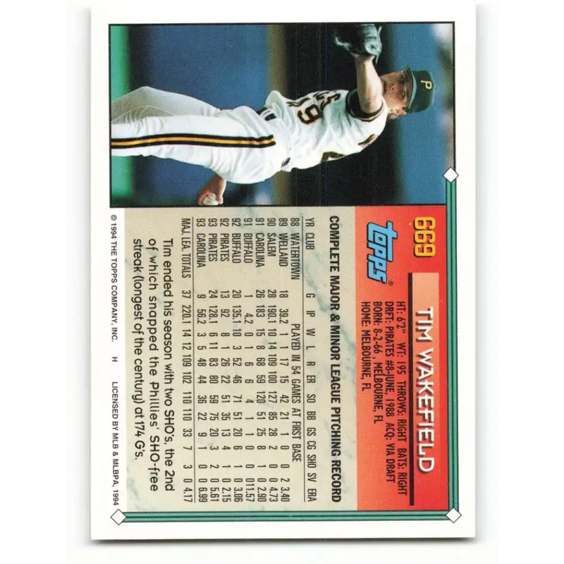 1994 Topps #669 Tim Wakefield EX Excellent Pittsburgh Pirates Baseball Card - Baseball Card Single