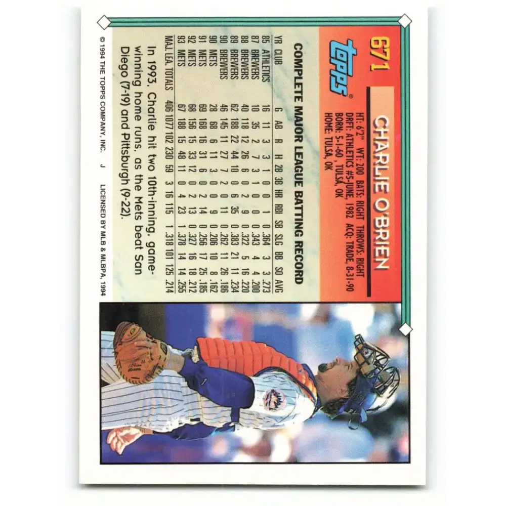 1994 Topps #671 Charlie O’Brien EX Excellent New York Mets Baseball Card - Baseball Card Single