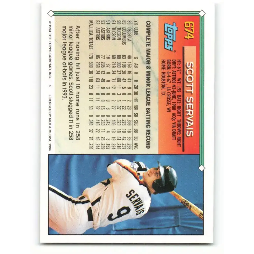 1994 Topps #674 Scott Servais EX Excellent Houston Astros Baseball Card - Baseball Card Single