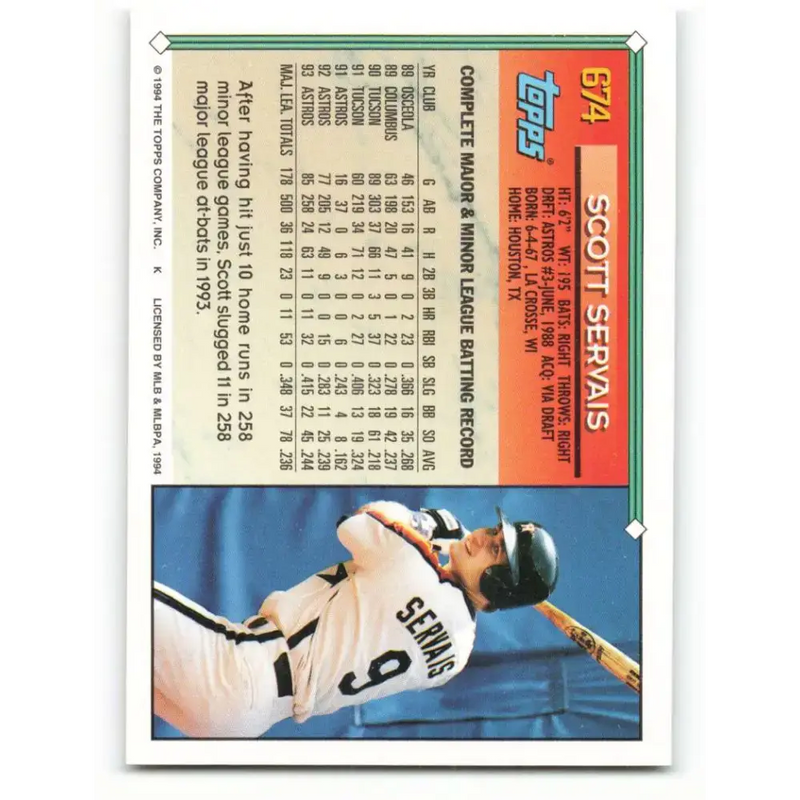 1994 Topps #674 Scott Servais EX Excellent Houston Astros Baseball Card - Baseball Card Single