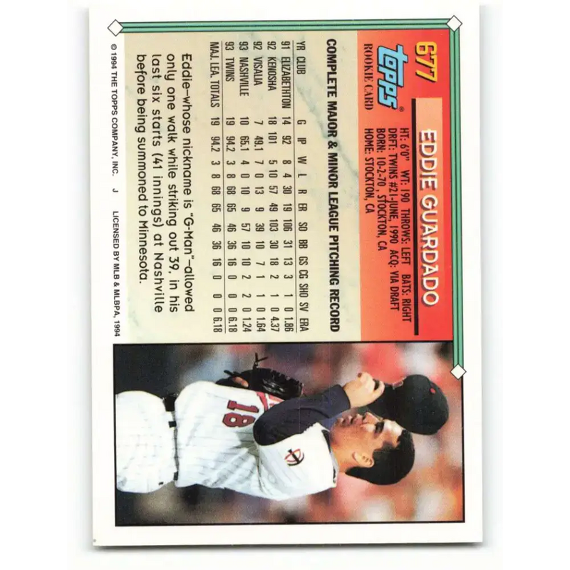 1994 Topps #677 Eddie Guardado EX Excellent Minnesota Twins Baseball Card - Baseball Card Single