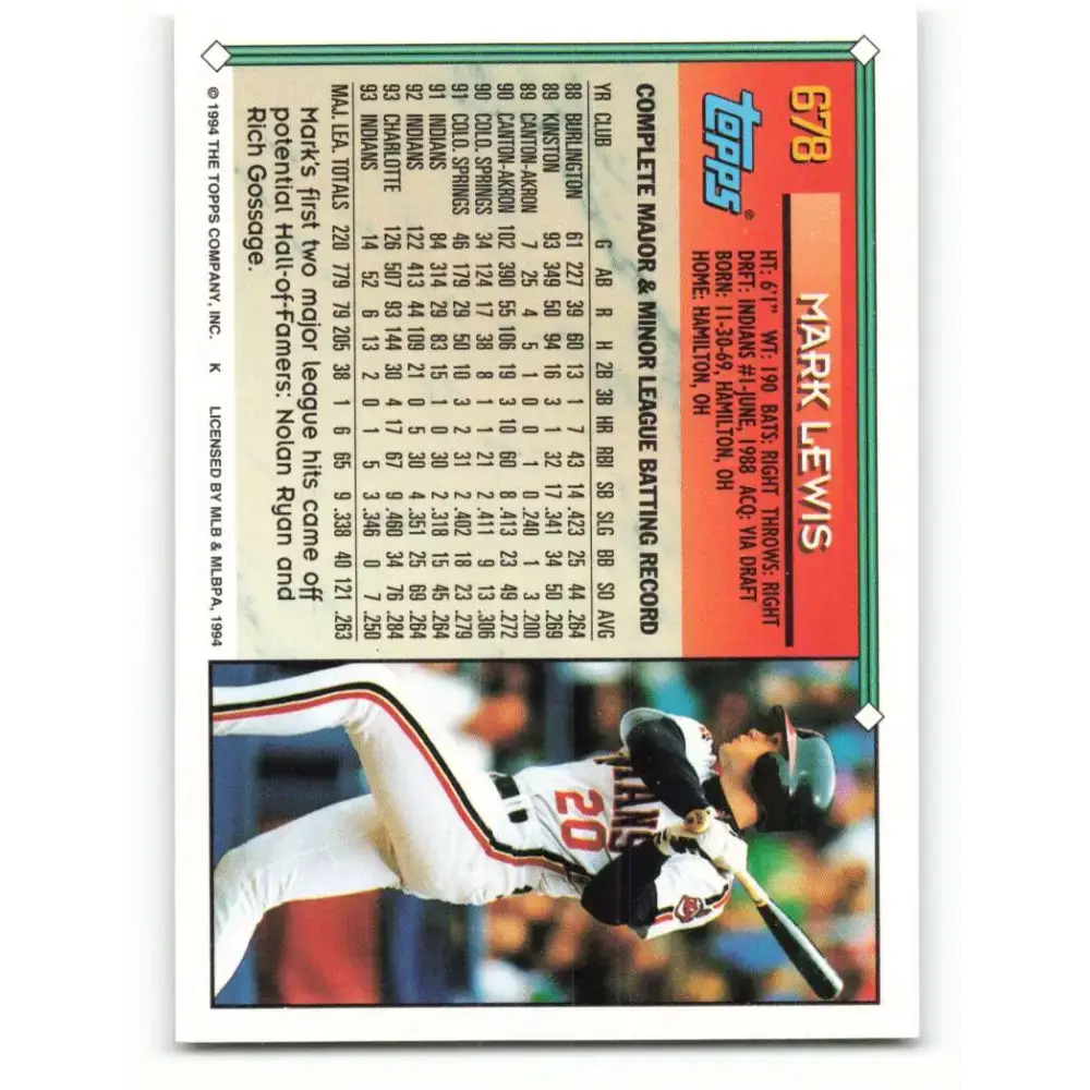 1994 Topps #678 Mark Lewis EX Excellent Cleveland Indians Baseball Card - Baseball Card Single