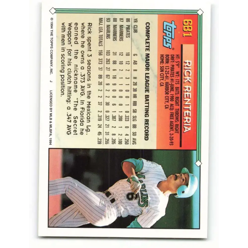 1994 Topps #681 Rick Renteria EX Excellent Florida Marlins Baseball Card - Baseball Card Single