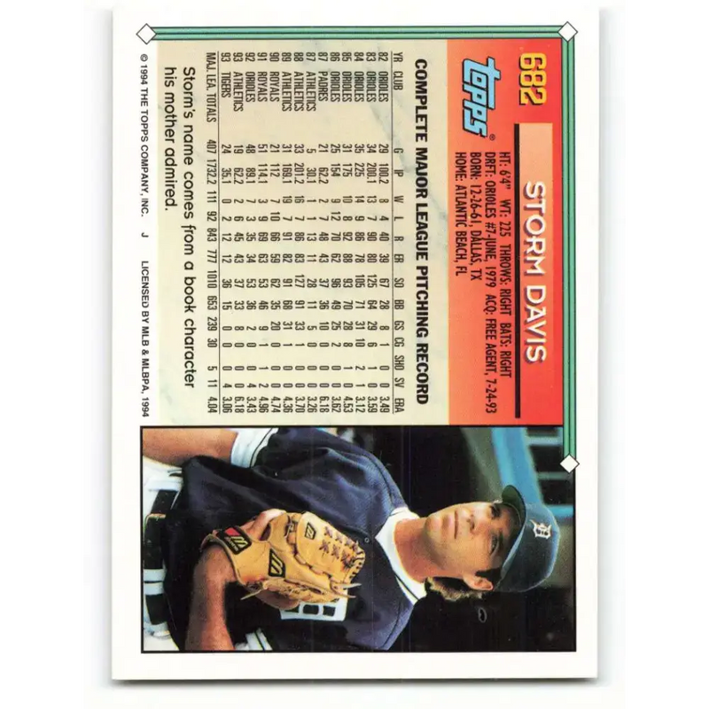 1994 Topps #682 Storm Davis EX Excellent Detroit Tigers Baseball Card - Baseball Card Single