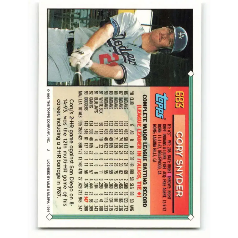 1994 Topps #683 Cory Snyder EX Excellent Los Angeles Dodgers Baseball Card - Baseball Card Single