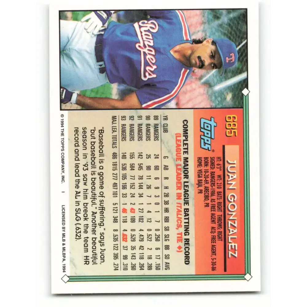 1994 Topps #685 Juan Gonzalez EX Excellent Texas Rangers Baseball Card - Baseball Card Single