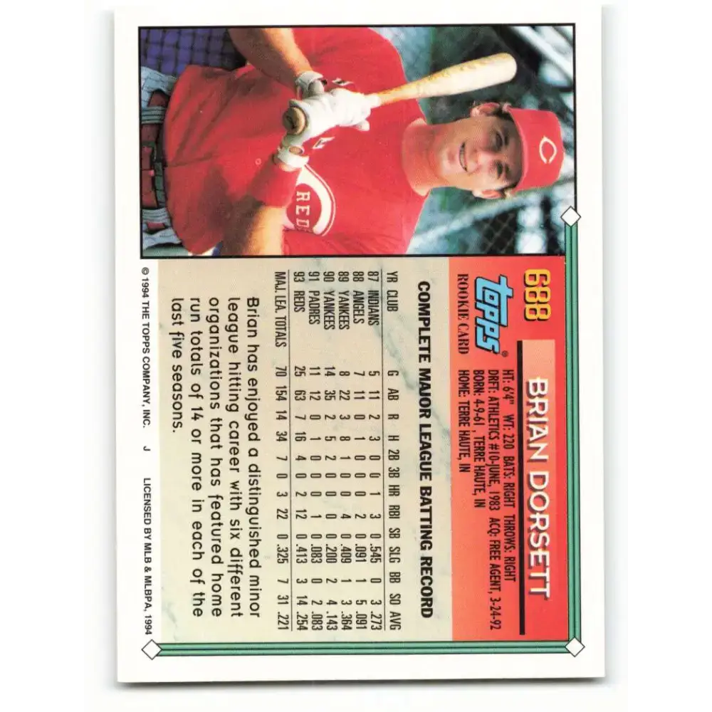 1994 Topps #688 Brian Dorsett EX Excellent Cincinnati Reds Baseball Card - Baseball Card Single