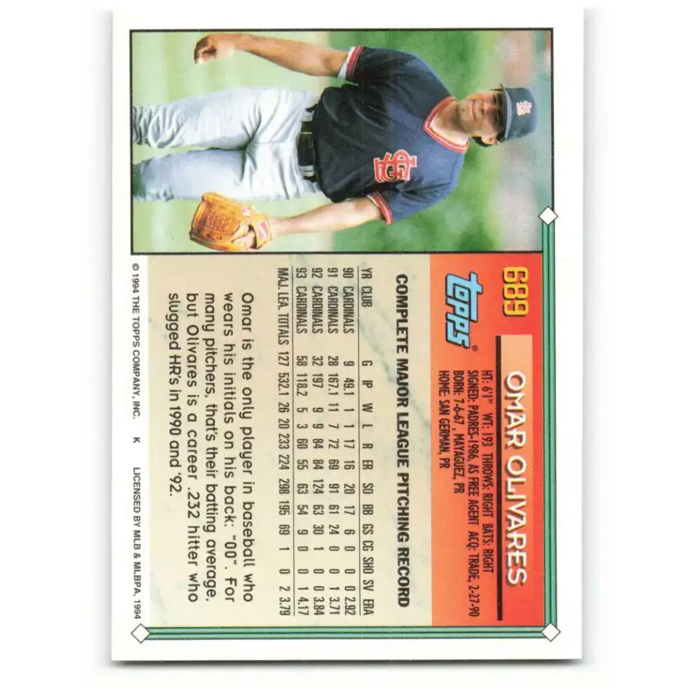 1994 Topps #689 Omar Olivares EX Excellent St. Louis Cardinals Baseball Card - Baseball Card Single