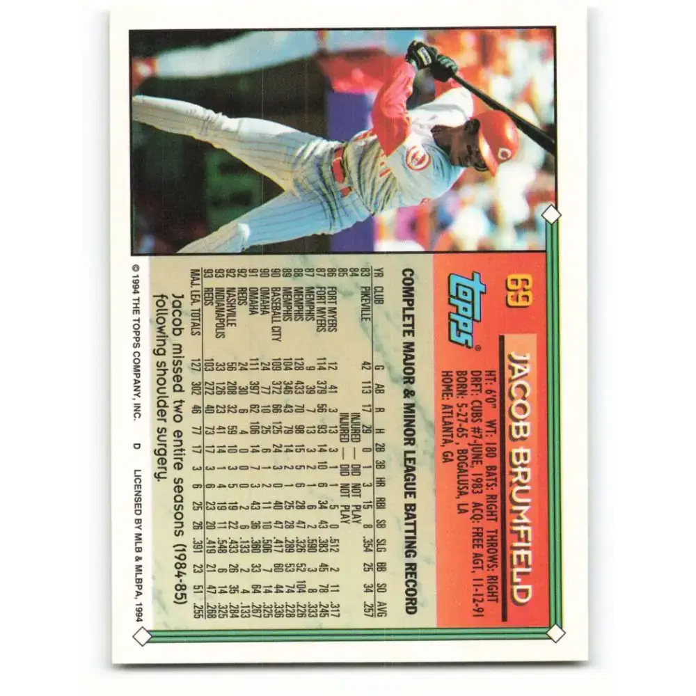 1994 Topps #69 Jacob Brumfield EX Excellent Cincinnati Reds Baseball Card - Baseball Card Single