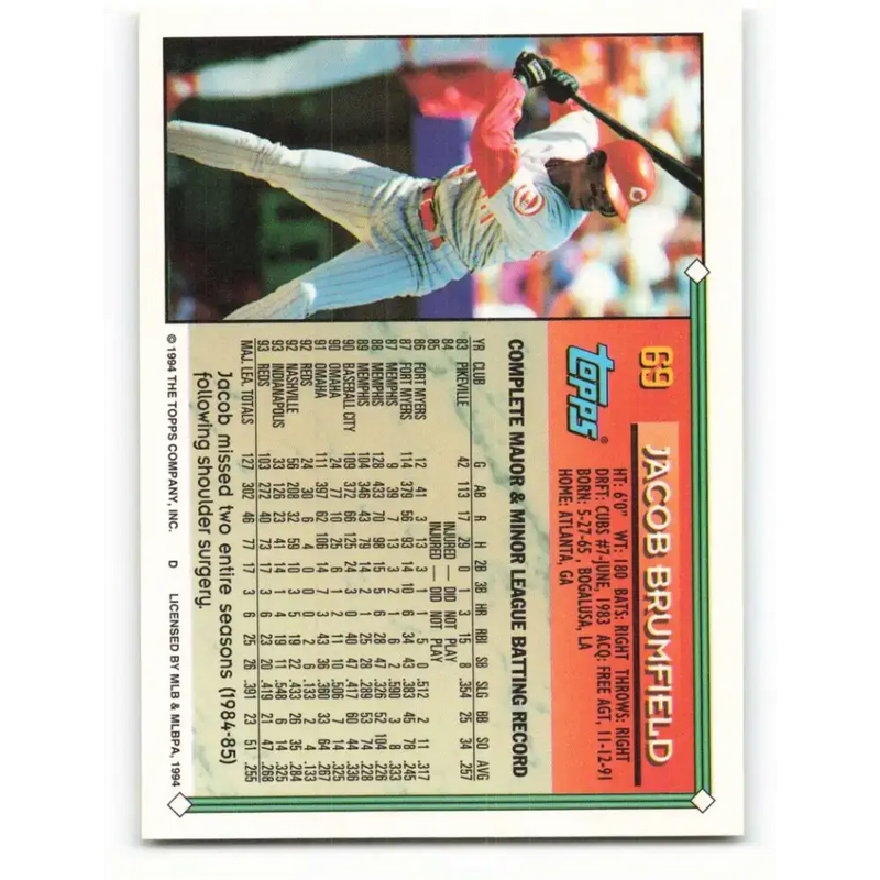 1994 Topps #69 Jacob Brumfield EX Excellent Cincinnati Reds Baseball Card - Baseball Card Single