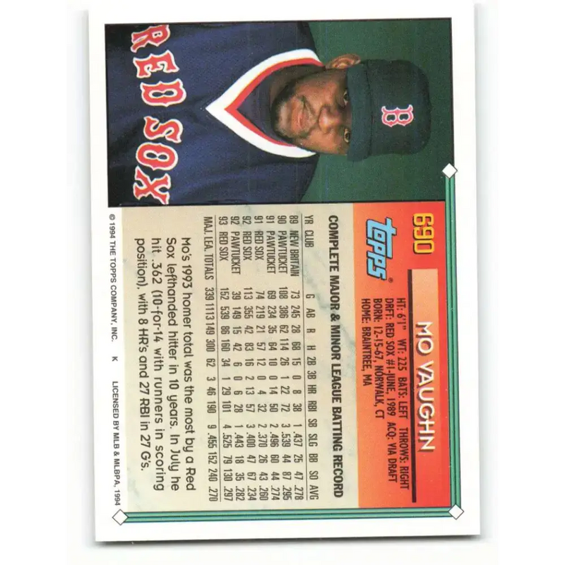 1994 Topps #690 Mo Vaughn EX Excellent Boston Red Sox Baseball Card - Baseball Card Single