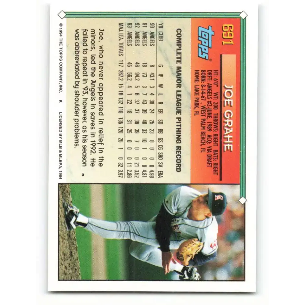 1994 Topps #691 Joe Grahe EX Excellent California Angels Baseball Card - Baseball Card Single