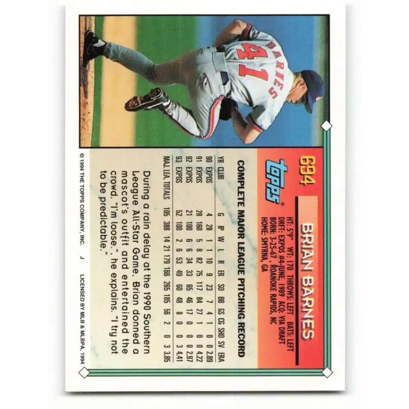1994 Topps #694 Brian Barnes EX Excellent Montreal Expos Baseball Card - Baseball Card Single