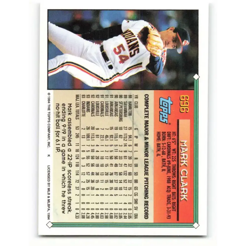1994 Topps #696 Mark Clark EX Excellent Cleveland Indians Baseball Card - Baseball Card Single