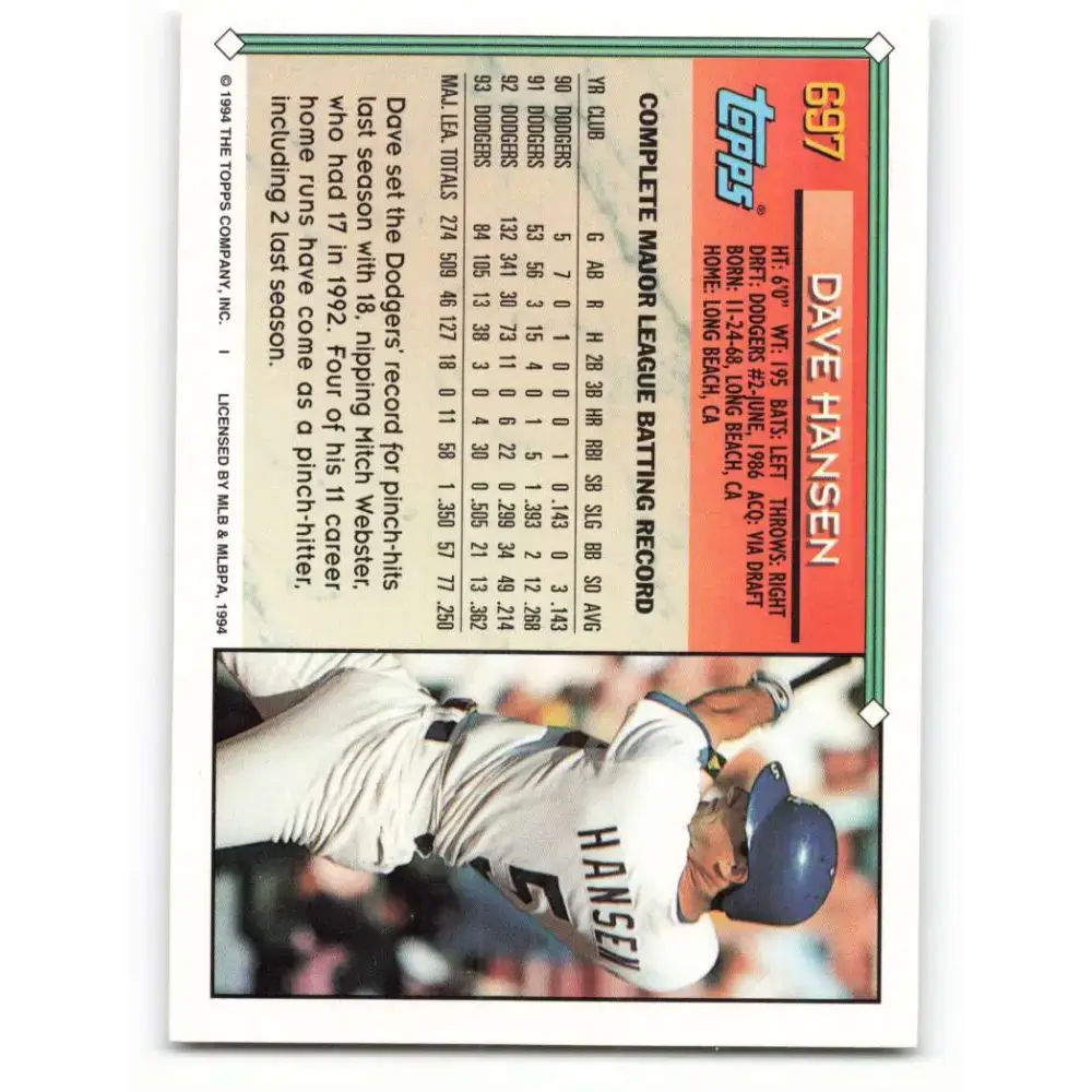 1994 Topps #697 Dave Hansen EX Excellent Los Angeles Dodgers Baseball Card - Baseball Card Single