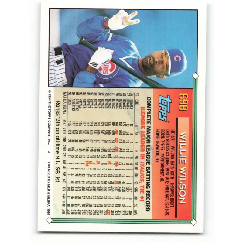1994 Topps #698 Willie Wilson EX Excellent Chicago Cubs Baseball Card - Baseball Card Single